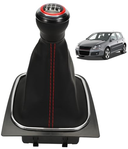 LDLRevX Pomello leva del cambio per VW Golf 5 6 Jetta EOS, 1K0711113CG, soffietto leva del cambio, telaio 6 velocità, cromo/lucido/anello rosso