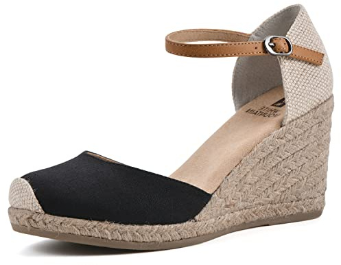 WHITE MOUNTAIN Women's Mamba Espadrille Wedge Sandal, Black/Fabric, 7.5 M