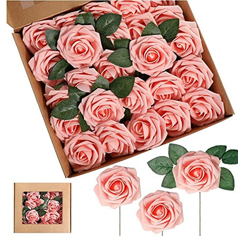 HAOSHICS 25 pezzi di fiori artificiali, rose in schiuma realistiche al tatto, rose finte con stelo per bouquet da sposa, San Valentino, baby shower, feste, decorazioni per casa, ufficio, hotel (rosa)