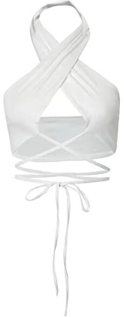 Top Corto Halter para Mujer, Cruz Fruncido con Cordones Cami Y2K Verano sin Mangas Crop Top Recortada Tank Top Self Tie Backless, Blanco