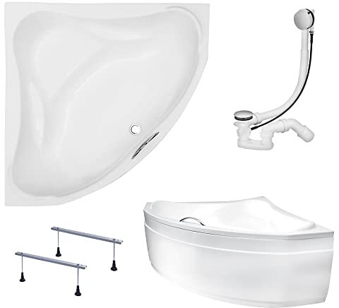 KOLMAN Badewanne EWA Eckbadewanne 134x134 mit AcrylSchürze, Ablaufgarnitur und Füßen Komplettset 4in1 Premium Original Acryl Wanne Siphon