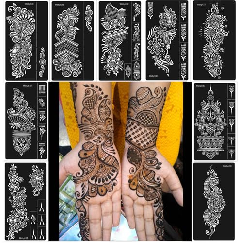 Henna Stencils 9 Sheet Henna Tattoo Kit, Reusable Henna Stickers for Hand Forearm Indian Arabian Self Adhesive Tattoo Templates