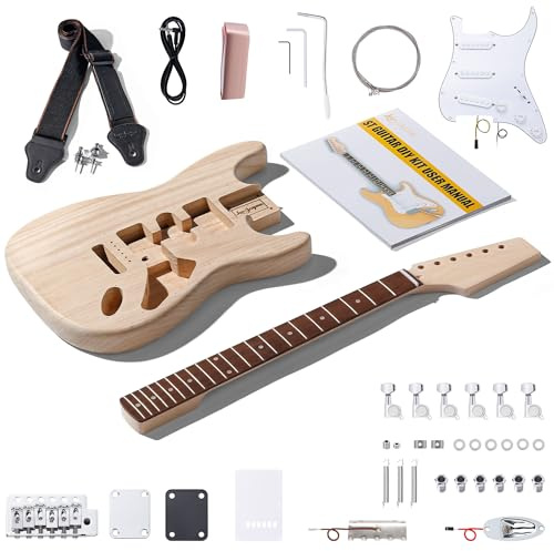 Leo Jaymz DIY ST Style Electric Guitar Kits with Mahogany Body and Maple Neck - Ebony Fingerboard and All Components Included (ST Paulownia)
