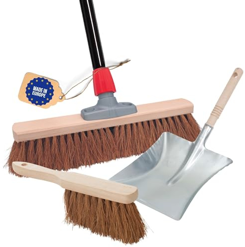 Novaliv Besen 40 cm mit Stiel Kokosbesen Haarmischung inkl. Kehrgarnitur verzinkt bestehend aus Kehrblech und Handfeger Besen Naturborsten Ideal als Werkstattbesen Hallenbesen Hausbesen mit Stiel