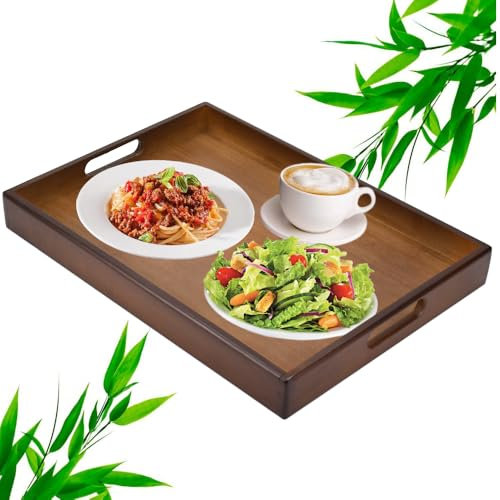KYYGKY Plateau de Service en Bois Rectangulaire 40*29*4.5cm pour Petit Déjeuner, Repas - Bambou avec Poignées pour Cuisine, Vaisselle, Boissons et Thé