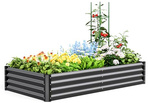 Quictent Jardinera de metal elevada, semillero sin suelo para jardín, 180 x 90 x 30 cm, jardinera con jaulas de tomates, gris
