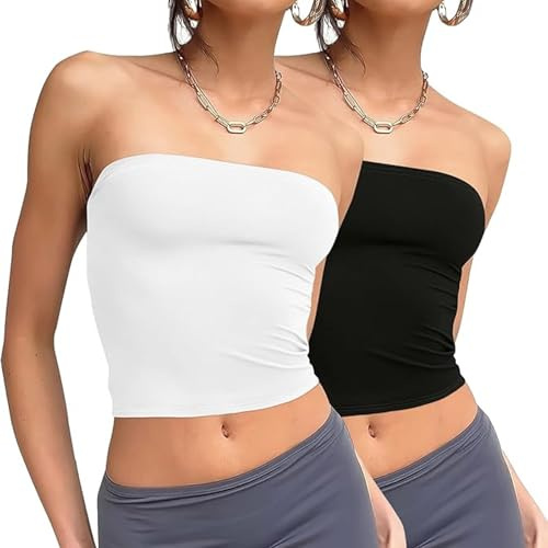 ZKZFCAI Tube Top Femme Haut Court Dos Nu T-Shirt Sexy Caraco sans Bretelles Débardeur sans Manches Y2K Crop Top Bustier Mode Couleur Unie Slim Fit Tube Tops