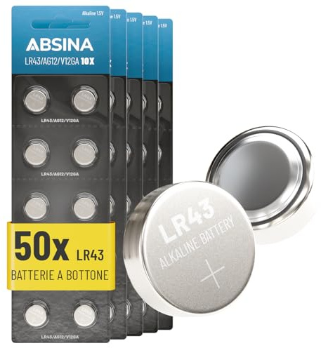 ABSINA AG12 LR43 knappceller 1,5 V alkaliskt – läckagesäker och hållbar | 50-pack batterier LR 43 / 186 / LR1142 / L1142 / V12GA / GPA76 / RW84