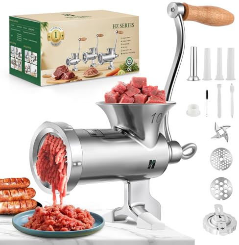 Huanyu Tritacarne manuale in acciaio inossidabile con insaccatrice per salsicce e accessorio per biscotti. Tritacarne manuale lavabile in lavastoviglie per carne di manzo, maiale e verdure (n. 10)