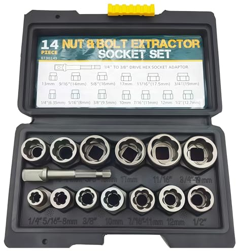 GOEDCH 14-delad mutterborttagningsset: skruvutdragare sats, muttersprinkler-utdragare, spiralprofil bultextraktor för att ta bort skadade, rostade skruvar (6,35–19 mm)