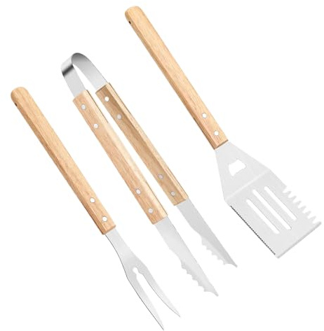 Juego De Utensilios para Barbacoa, 3 Piezas de Utensilios Exteriores para Barbacoa, Accesorios De Cocina Resistentes Al Calor con Mangos Antideslizantes De Madera Y 3X Acero Inoxidable para Ensaladas