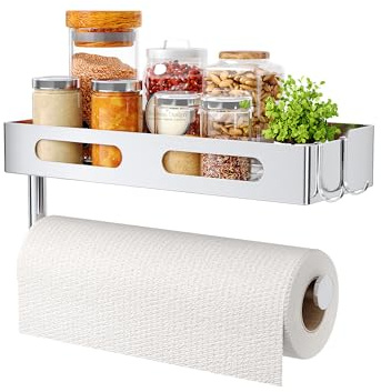 Paper Towel Holder Wall Mount for Bathroom, Paper Towel Holder with Shelf for Kitchen, RV Paper Towel Rack Stainless Steel, Silver