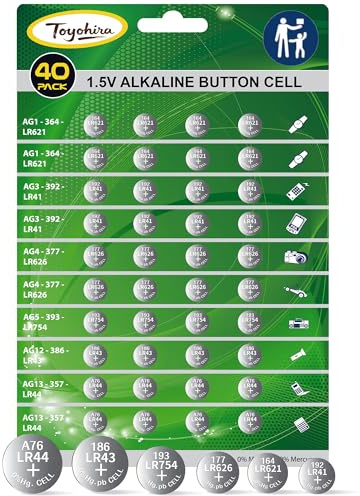 40pcs High Power Super Alkaline Button Cell astd 1.5V Watch Batteries Incl. AG1(LR621,364)*8,AG3(LR41,392)*8, AG4(LR626,377)*8,AG5(LR754, 393)*4,AG12(LR43,386)*4,AG13(LR44,357)*8 for thermometer clock