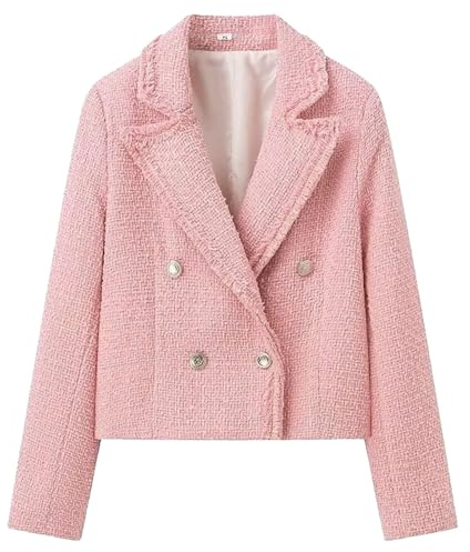 Women’s Tweed Blazer Jacket Elegant Boucle Cropped Coat Fully Lined Notch Collar Business Casual Fall Work Blazers Pink Large
