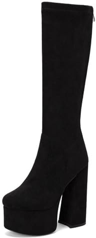 Gueploer Botas Altas De Mujer, De Plataforma De Terciopelo con Punta Redonda Y Tacones Gruesos De 15 Cm, para La Vida Diaria Y Fiestas,Negro,39 EU
