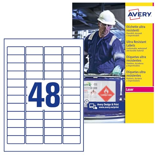AVERY Zweckform L7911-10 Strapazierfähige Folienetiketten (480 Aufkleber, 45,7x21,2mm auf A4, extrem stark selbstklebend, für schwierige Oberflächen, bedruckbare Outdoor Klebefolie) 10 Blatt, weiß