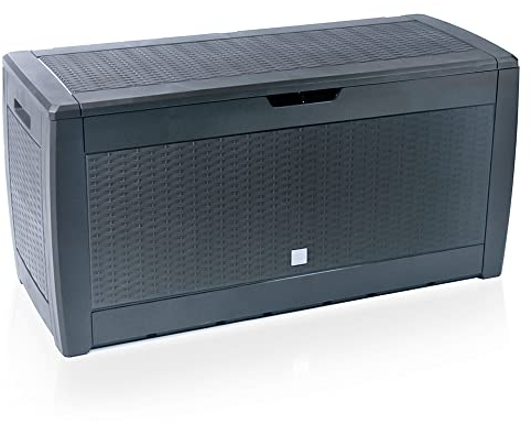 VOUNOT Baule da Giardino Impermeabile, Cassapanca Contenitore da Esterno con Maniglie e Rotelle, 310 L, Effetto Rattan, Antracite