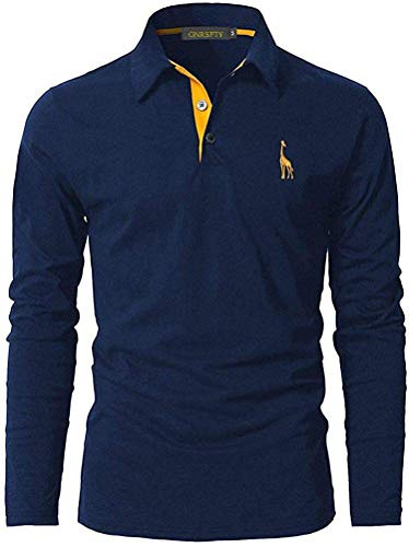 GNRSPTY Mens Polo Long Sleeve Shirt Cotton Golf Giraffe Tops,Navy,L