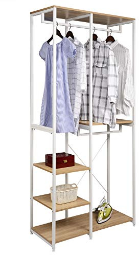 eSituro Heavy Duty Clothes Rail, Free Standing Open Wardrobe with 2 Hanging Rails, 5 Shelves, Garment Rack with Metal Frame, Hallway Coat Rack, White + Light Oak