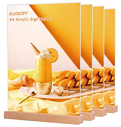 GUOKOFF A4 Acrylic Sign Holder, 4 Pack Table Menu Holders, T- Shape A4 Table Stands, Vertical Poster Holder A4 Display Stands with Wooden Base for Restaurant Hotel Bar