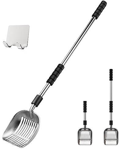 Depets Cat Litter Scoop, Metal Litter Scooper with Deep Shovel, Detachable Long Handle Cat Litter Sifter with Holder, Large Durable Cat Litter Shovel with Foam Pad Grip for Easy Sifting