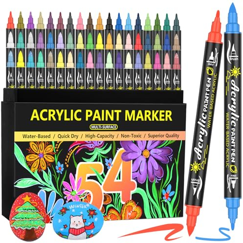 Lyuvie 54 Acrylstifte für Steine Wasserfest Set-Multimarker Permanente Acrylic Paint Marker,Dual Tip Acrylmarker Feine Spitze & Pinselspitze für Steine zum Bemalen Holz Glas Papier Kunststoff