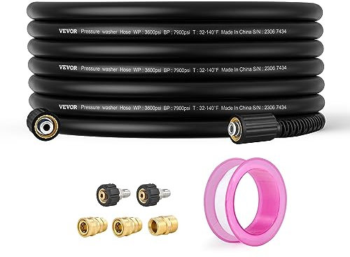VEVOR Tuyau Flexible de Nettoyeur Haute Pression 15,2 m Tuyau de Lavage Électrique de Rechange 6,4 mm Connecteur Fileté M22-14 mm Rayon Courbure 19,1 mm 248,21 bar pour Extension de Laveuse Électrique