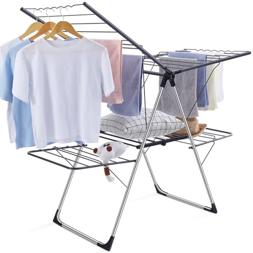 APEXCHASER Clothes Drying Rack, Foldable 2-Level Laundry Racks for Drying Clothes Rack, with Height-Adjustable Wings, Indoor/Outdoor Portable Dryer for Clothing and Towels