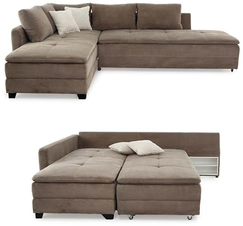 Federkern Ecksofa B306/T223/H95 cm Dauerschläfer, Doppelbett Schlaffunktion, Kaltschaum-Topper, Bettkasten, Nachtkonsole, Schwenkteil links oder rechts montierbar, Bezug Cord Braun Taupe / 15162