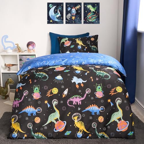 OHS Single Quilt Cover Set Kids Space Dino Print, Reversible Boys Bedding Single Kids Duvet Covers with Pillowcase Ultra Soft Comfy Bed Set, Navy/Blue