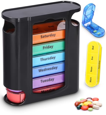 Bixury Tablettenbox 7 Tage mit Tablettenteiler, Medikamentenbox 7 Tage mit 4 Fächer für Morgens Mittags Abends, Pillendose 7 Tage Tabletten Organizer Tablettenboxen - Seniorenfreundliche Pillenbox