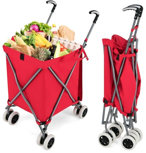 COSTWAY 90L Carro de Compras Plegable con 4 Ruedas, Carrito de la Compra con Bolsa de 600D Tela Oxford Extraíble, para Supermercado, Carga hasta 55 kg, Rojo