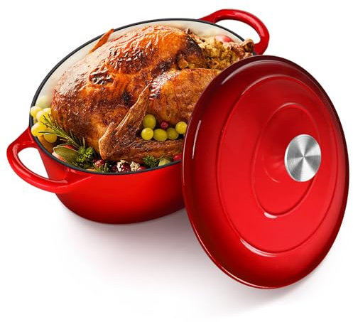HaSteeL Horno holandés ovalado de hierro fundido, olla profunda esmaltada de 7 cuartos de galón con tapa, utensilios de cocina antiadherentes para hornear pan de masa madre, estofado, hervir a fuego