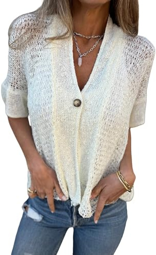 LIUYUYOUGO Cardigan Donna Primaverile Cardigan Lavorato all'Uncinetto da Donna Traforato Manica Corta Aperto sul Davanti Leggero Estivo Casual Ampio Lavorato A Maglia Corto Scollo A V Maglione Copri