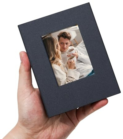 Remowith Álbum de Fotos Pequeño 10x15 con Ventana Frontal 100 Bolsillos Libro Portátil de Lino para Recuerdos de Viaje Boda Bebé Álbum Fotos para Pegar y Escribir Organizador de Memorias, Gris Azul