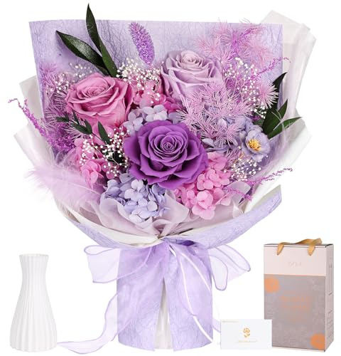 Bouquet di Fiori Stabilizzati, 3 Rose Viola Reali e Durature, Bouquet di Rose Eterne, Regalo per Donna, Mamma, Moglie, Fidanzata, per Compleanno, Anniversario, San Valentino, Festa della Mamma