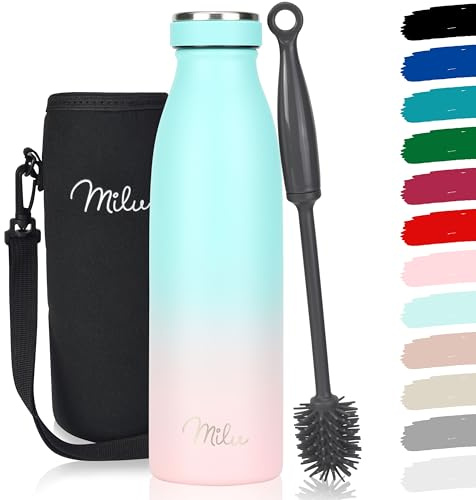 Milu Edelstahl Trinkflasche 350ml, 500ml, 750ml, 1L, 1,5L – Thermosflasche für Kinder Erwachsene auslaufsicher Isolierflasche Kohlensäure geeignet– inkl. Reinigungsbürste (Mint Pink, 500ml)