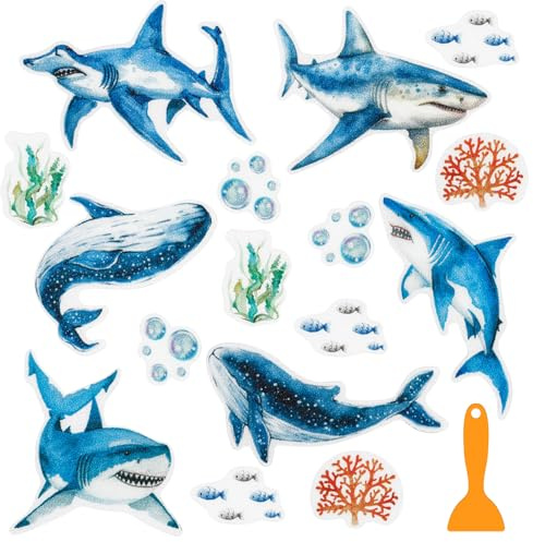 JarThenaAMCS 24 Pcs Shark Non Slip Bathtub Sticker with Scraper Ocean Animal Anti Slip Shower Tread Adhesive Marine Life Shower Decal for Bathroom Floor Decoration