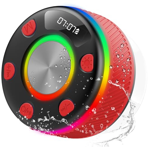 Bluetooth Shower Speaker, Portable Speakers Bluetooth 5.3 with HD Sound, IPX7 Waterproof, Colorful RGB Light/LED Display/Shower Radio/Hands-Free Call/Suction Cup, Perfect for Bathroom Sing-Along, Red