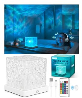 Rechargeable Shower Light No Wiring, 16 Color Ocean Wave Projector Light Cordless, Waterproof Shower Mood light with Remote, Bathtub Lights for Relaxing Spa, Water Ripple Projector for Bathroom Decor