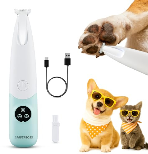 BarberBoss Tierhaarschneider, Hunde und Katzenpflegeschere mit LED-Anzeige, geräuscharmer kabelloser Pfotenschneider, per USB wiederaufladbar, Haustier Detailschneider für Gesicht, QR-9001