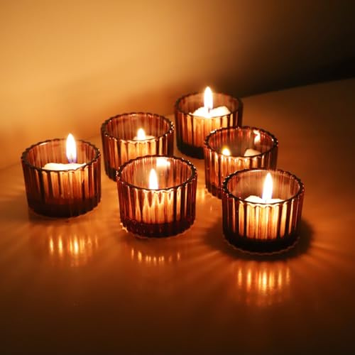 Vohocandle Piccolo portacandele in vetro con 12 pezzi, marrone vintage per decorazioni di nozze, piccolo bicchiere per feste di compleanno, decorazione per la casa e chiesa (5 cm x 3,5 cm, marrone)