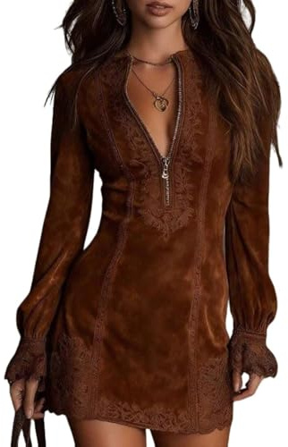 Mini abito da donna vintage in finta pelle scamosciata con stampa floreale a maniche lunghe con zip in pizzo una linea aderente abiti corti con scollo a V abito maglione per le donne, Marrone, S