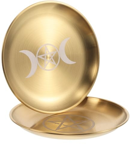 Gatuida Lot de 2 Plateaux D'autel Pentagramme en Métal Argenté et Doré, Plateau Rituel pour Cartes et Bijoux, Plateau Décoratif Spirituel pour Bougies Rituelles et Organisation D'autel,
