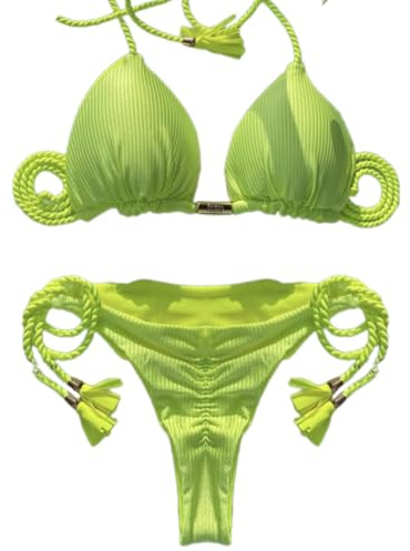 Bikini da donna a due pezzi con frange, costume da bagno con spalline triangolari, push-up, top e vita bassa, 8256, L