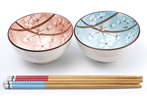 lachineuse - Juego de 2 cuencos japoneses de flores de cerezo Sakura ⌀ 11cm - Blancos, Rosa y Azul - Tazones de arroz, sopa - 2 pares de palillos - Cuenco asiático Japón - Regalo de vajilla japonesa