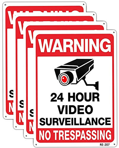 Varning säkerhetskameror i användning 24 timmar videoövervakningsskylt 10 x 14 aluminium UV-bläcktryck, hållbar/väderbeständig upp till 7 år utomhus för hus och företag (4-pack)