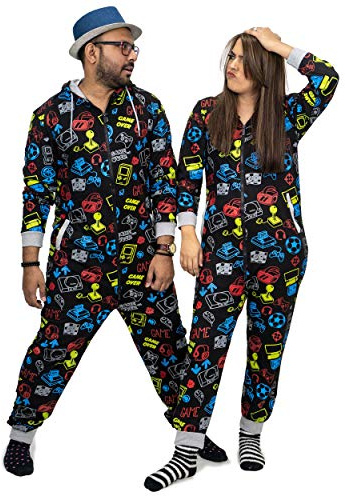 NOROZE Hommes Garçons Jeux Combinaison Grenouillère Unisexe Enfants Pyjamas Tout en Un Ensemble Familiale Jumpsuit Joueur Vêtements d'intérieur Cadeaux pour Femmes Filles (13 Ans, Noir)