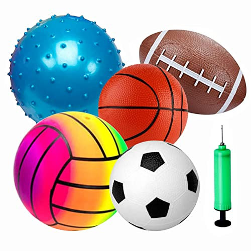 POTWPOT Sports Ball Toys, 5pcs Inflatable Sport Balls Set with Pump, Includes Football, Basketball, Volleyball, Rugby, Acanthosphere, Outdoor Games for Kids Beach Balls Toys
