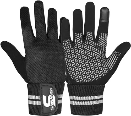 SAWANS Weight Lifting Gloves Gym Workout Fitness Wrist Wrap Support Men Women Fingerless Gloves Full Finger Touchscreen Padded Non Slip Palm Bodybuilding Training Grip (Full Finger Black, L)